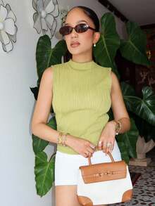 Melissa Matos 女士商务休闲纯色立领纹理宽松背心夏季 - 薄荷綠 - 查看 1