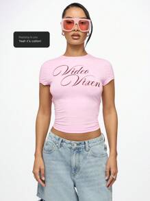 SUMWON WOMEN Video Áo thun trẻ em Vixen Retro Y2K Crop Top thời trang Áo thun họa tiết bó sát phong cách đường phố Lễ hội mùa hè Câu lạc bộ Tiệc tùng - Màu Hồng baby - Xem 9