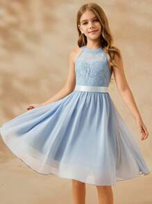 SHEIN Vestido corto para niña con encaje, parches y volantes en el bajo, cuello halter, adecuado para ser dama de honor, eventos formales, bodas, fiestas, cumpleaños - Lavado ligero - Ver 5