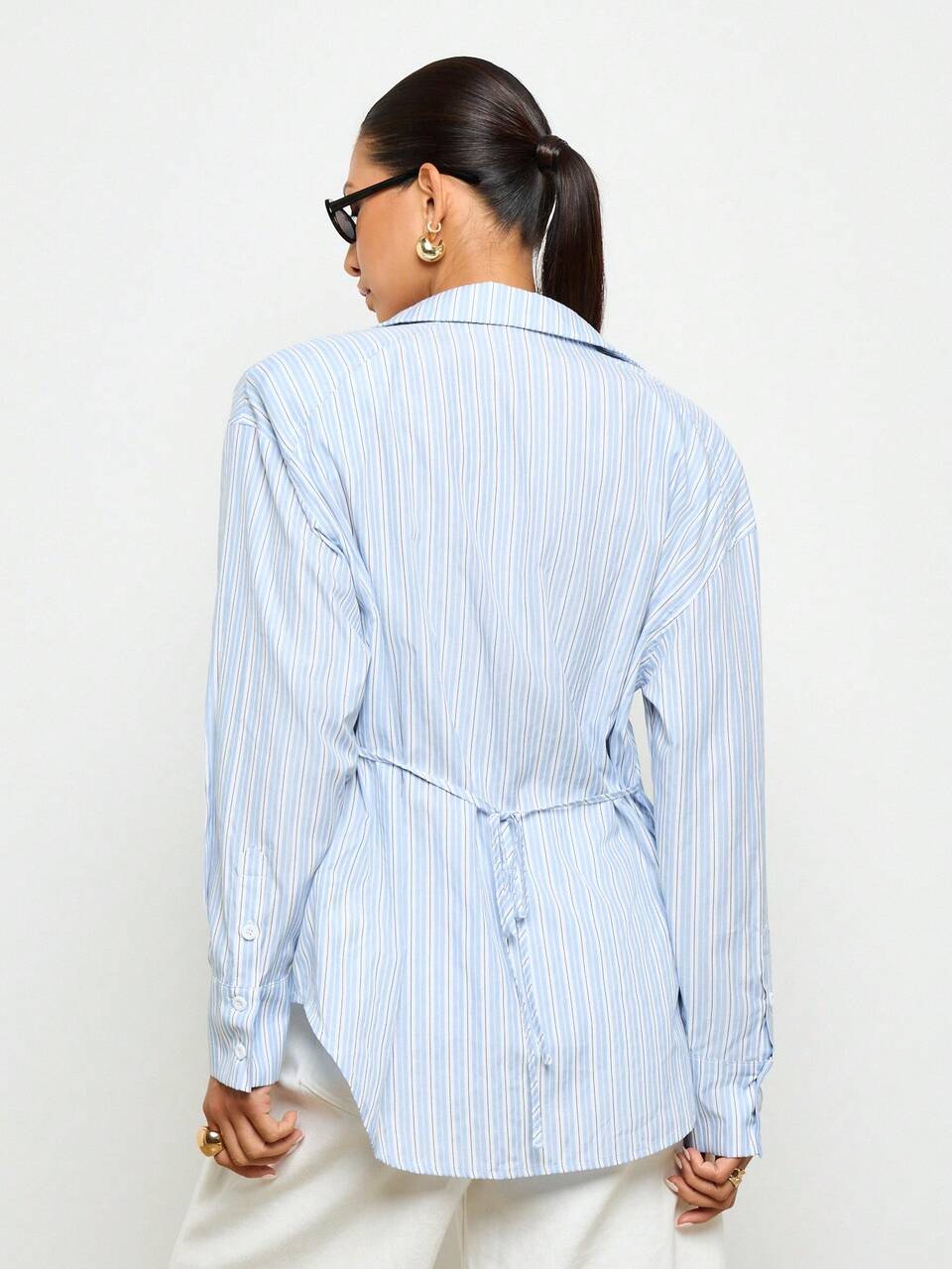 AiiRZ Elegant Button Down Shirt Corset Style Striped Office Business Wear Autumn Long Sleeve Workwear Professional