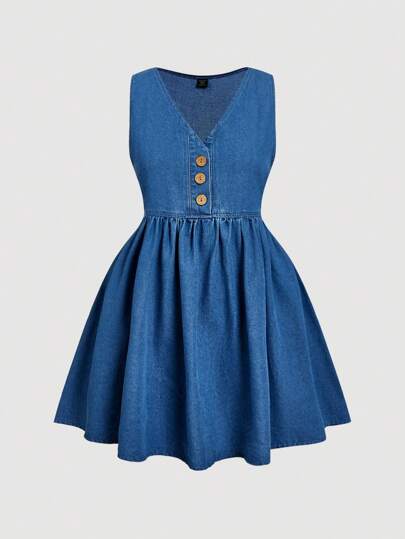 SHEIN MOD 大码女式纽扣式无袖牛仔休闲太阳裙，夏季