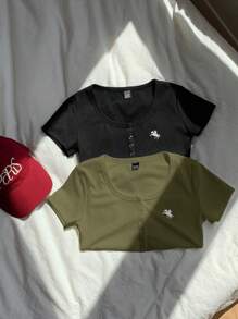 Comfortcana 2pcs/Set Summer Solid Color Henley Collar Embroidery Slim Short Sleeve T-Shirts - Army Green - View 3
