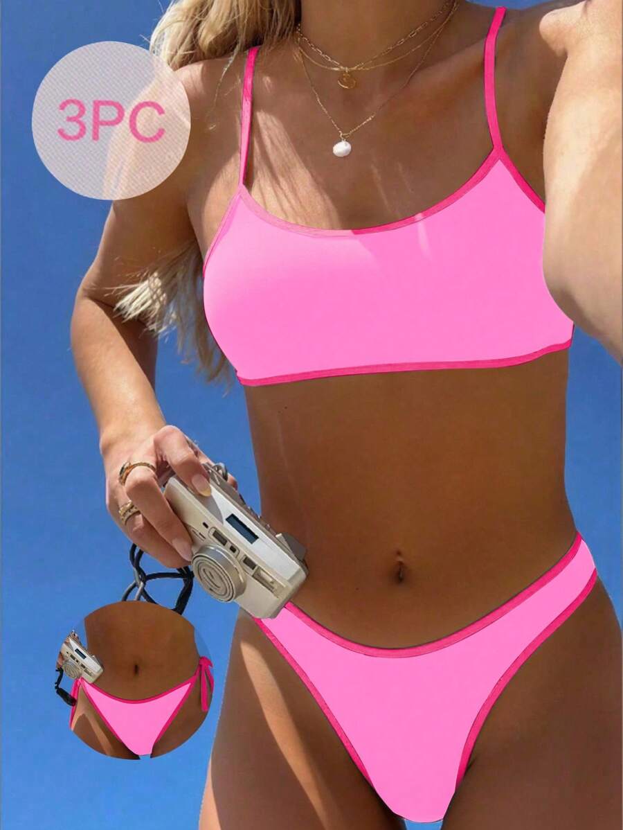 Swim Mod 2025 Ladies' 3Pcs Set Spaghetti Strap Wireless Solid Color Two-Piece Bikini Swimsuit For Summer Beach Vacation - Pink - View 1