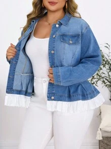 EMERY ROSE Plus Size Women Casual Holiday Denim Jacket With Lace Trim, Light Blue Stretch - Light Wash - View 7
