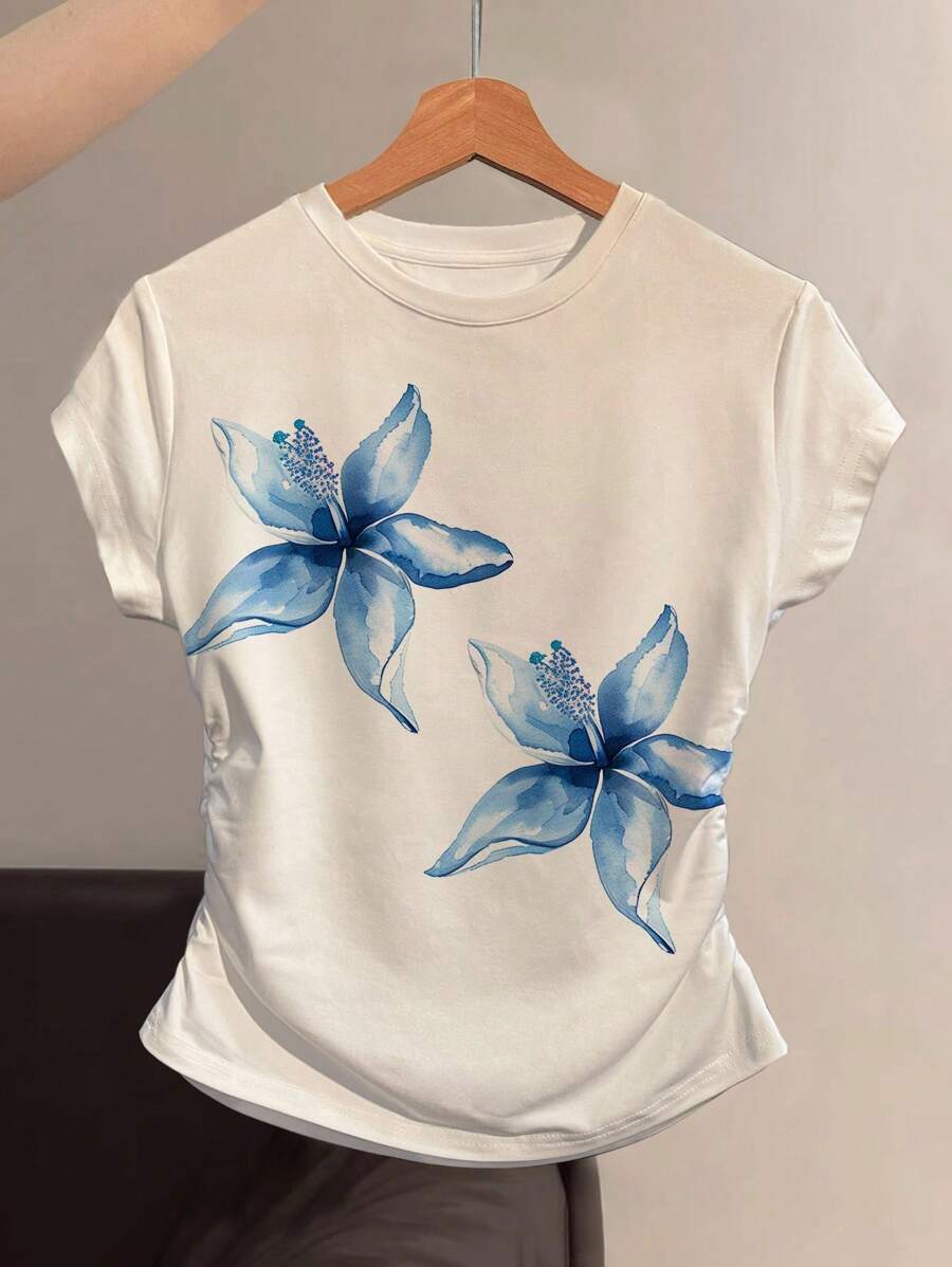 女式束腰花卉印花圆领T恤，时尚百搭，夏季 - 彩色 - 查看 1