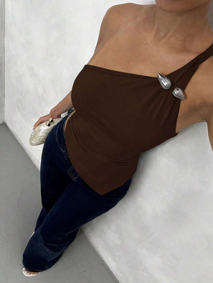 Glamine 女士金属扣装饰肩上衣，优雅复古风格 - 棕色 - 查看 1