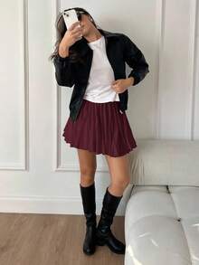 Siren Gaze 女式荷叶边下摆迷你裙、高腰百褶裙、性感芭蕾短裙、派对装、街头装、夏/秋季女式迷你裙。返校节裙子、秋季、迷你裙、音乐会女裙 - 紅木色 - 查看 5