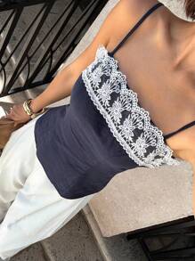 Siren Gaze 2025 Women's New Design Lace Trim Camisole Tank, Minimalist Sexy Short Tube Top Lace Trim Tops Neckline Lace Trim Tops Cotton Tops Women's Spaghetti Strap Square Neck Tops 100%Cotton Crochet Top Women Lace Top Summer Casual Blue - Navy Blue - View 6