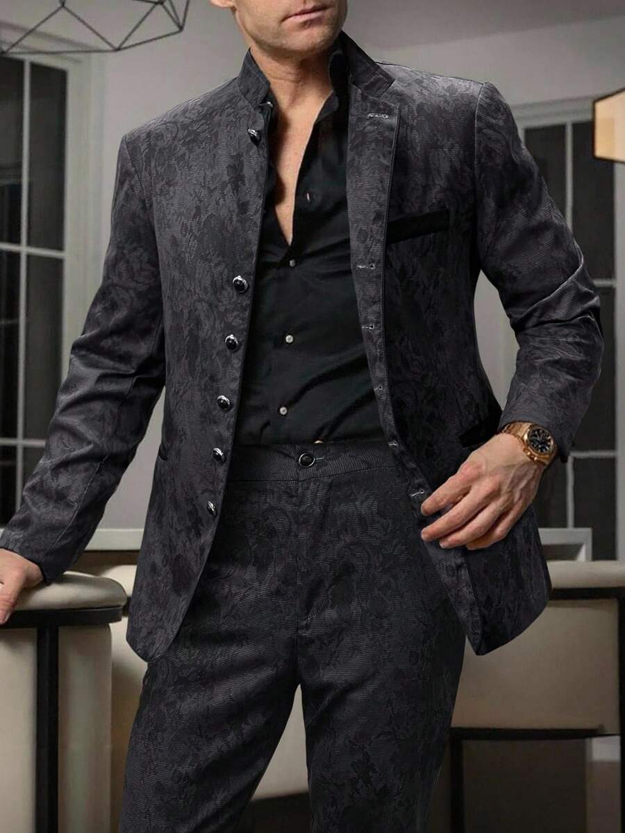 Manfinity Mode 男士纯色长袖外套和裤子休闲西装套装男士西装套装男士西装套装男士灰色西装套装男士正装西装套装 - 深灰色 - 查看 1