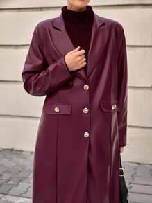 CLARA VERO 女士时尚街头时尚 PU 皮革翻领金色纽扣叶状长款风衣，时尚长款皮大衣 - 酒紅色 - 查看 6