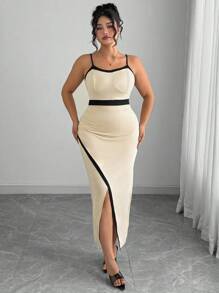 Elenzga Plus Size Summer Elegant Striped Color Block Wrap Cami Dress - Apricot - View 3