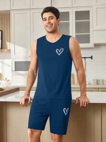 SHEIN 简约心形印花男士休闲无袖背心休闲睡衣套装 - 藏蓝色 - 查看 6