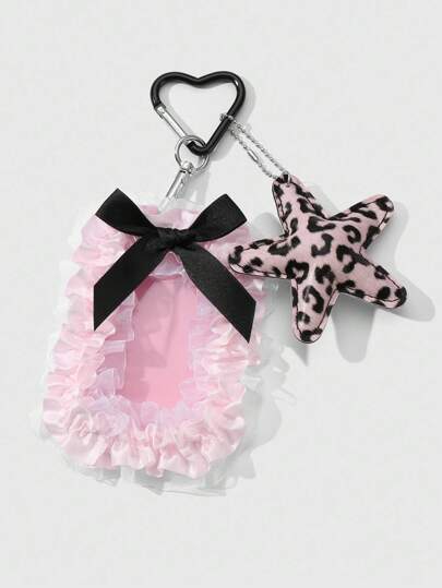 Kawaii 1pc Style Cute And Chic Vintage High-Quality Pink Leather Leopard Print Star Lace Net Ribbon Bow Card Holder ID Badge Case DIY Keychain Bag Charm Accessory, Suitable For Office Workers, Students, Daily Wearing And Holiday Gifts