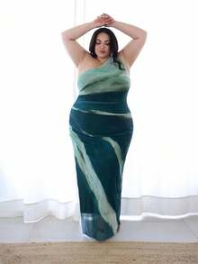 Pretty and Ole 大码夏季扎染印花连衣裙，不对称领口，褶皱腰部和侧开衩长款女装 - 彩色 - 查看 9