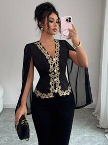 Elenzga Women's Black Long Sleeve Top With Contrast Gold Lace Trim, Unique Design Fall Cloth For Women - Black - View 1