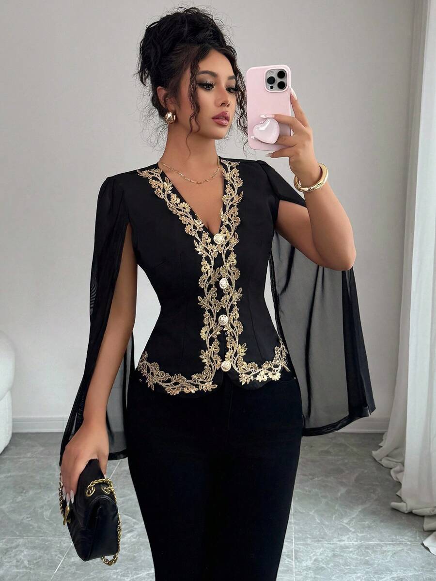 Elenzga Women's Black Long Sleeve Top With Contrast Gold Lace Trim, Unique Design Fall Cloth For Women - Black - View 1