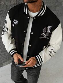 Manfinity Homme Herren Lässige Kontrast Farbige Knopf-Oben Buchstaben Grafik Baseball Jacke Herren Collegejacke Schwarz und Weiß Jacke Streetwear Baseball Jacke Grafik Jacke Streetwear Jacke, Herbst - Schwarz - Übersicht 3
