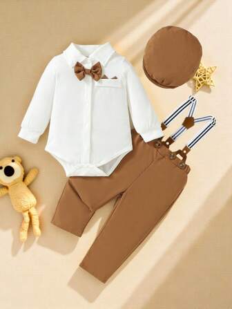 Souflis Souflis Baby Boy Bow Front Bodysuit & Suspender Pants & Hat