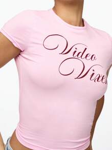 SUMWON WOMEN Video Áo thun trẻ em Vixen Retro Y2K Crop Top thời trang Áo thun họa tiết bó sát phong cách đường phố Lễ hội mùa hè Câu lạc bộ Tiệc tùng - Màu Hồng baby - Xem 5