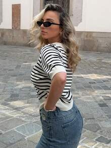 Jeta Ari Áo len cổ bẻ tay ngắn họa tiết sọc thường ngày cho nữ, mùa xuân và mùa hè - Đen và trắng - Xem 3