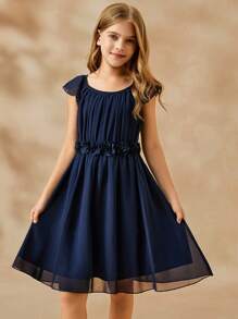 Girls Elegant Minimalist Scoop Neck Sleeveless High Waist Short Chiffon Floral Dress, Navy Blue