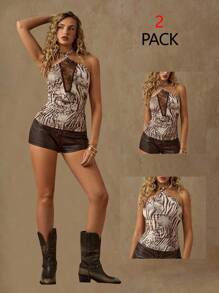 Glamine Women's Summer Sexy Backless Zebra Print Halter Blouse, Lace Patchwork Y2K Western Vintage Top