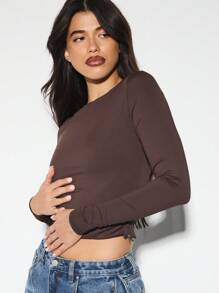 KIZN Top scurt cu detaliu la spate cu mânecă lungă, guler tip balet, mulat, petrecere, club, modă clasică, toamnă-iarnă - cafea maro - Vizualizare 6