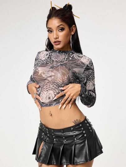 Grunge Punk Y2K Style Sexy Tight Mesh Top With Carp Fish Scale All-Over Print