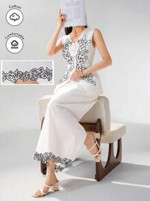 Heiryn Women High Waist Floral Embroidery Hem Long Straight Elegant Skirt