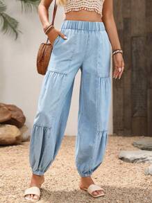 Breezaya Women's Elastic Waist Pocket Loose Wide Leg Ankle-Length Jeans - Light Wash - View 5