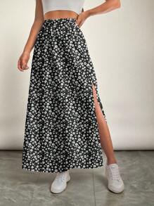 SHEIN VCAY Jupe casual à taille élastique avec fente à l'ourlet, motif floral noir et blanc, adapté pour le printemps et l'automne, pour grandes tailles