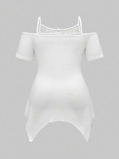 Goth Gyaru Summer Beach West Concert, Streetwear de festival rave pour femmes, T-shirt blanc asymétrique à épaules dénudées, à bretelles spaghetti, avec dentelle et motif squelette étoile gothique chat, grande taille