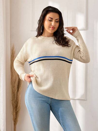 EURMUSE Plus Size Woman Long Sleeve Ribbed Knit Sweater Spring Casual Y2k 90's Stripe