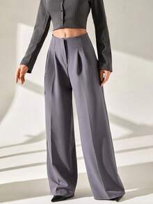 CLARA VERO Woman Solid Color Woven Plicated Wide Leg Relax Fit Work Business Working Pants Lady Bottom - Dark Grey - View 3