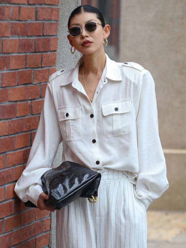 Women's Contrast Color Button Decor Vintage Look Loose Long Sleeve Shirt, Spring/Summer