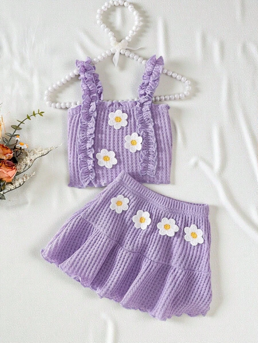 SHEIN Vintaside Kids 2 件套女婴可爱花卉印花细肩带上衣 + 裙子套装，夏季 - 紫色 - 查看 1