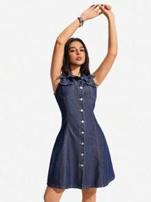 SHEIN PETITE 女式夏季休闲纽扣前褶腰无袖牛仔连衣裙 - 藍色 - 查看 6