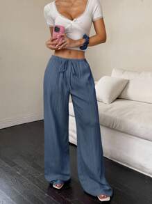 Flirla 女士休闲纯色系带松紧腰宽松阔腿裤 - 水鴨藍 - 查看 3