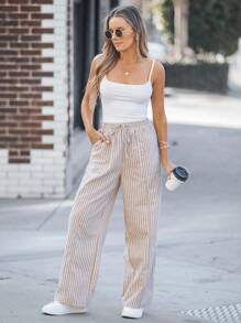 SHEIN LUNE 女式条纹双口袋直筒休闲裤 - 卡其色 - 查看 2