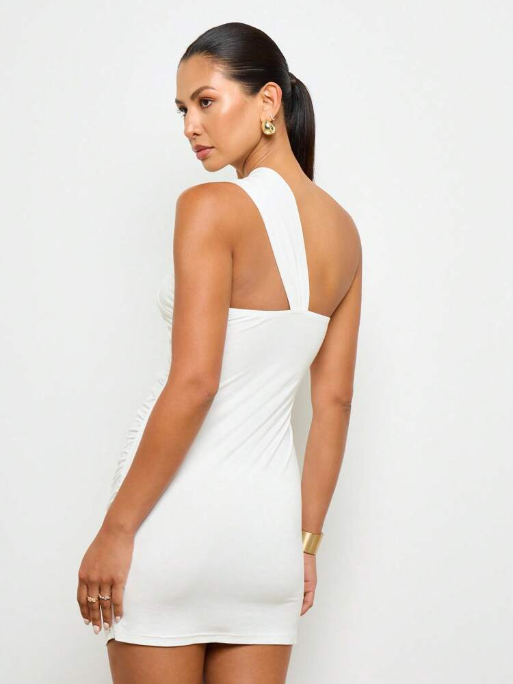 One Shoulder Twist Front Ruched Bodycon Women Mini Dress