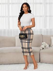 SHEIN Lady Elegant Work Office Colorful Plaid Knitted Split Midi Skirts Business Casual Woman Plaid Skirt Women Plaid Pencil Skirt Pencil Skirt For Women Bodycon Skirt High Waisted Plaid Skirt
