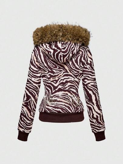 J-Fashion Vintage Style Rhinestone Embellished Zebra Furry Patchwork Hooded Sweatshirt Sweatshirt For Women