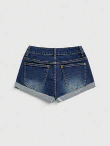 Grunge Punk 女士休闲水洗刺绣牛仔短裤 - 藍色 - 查看 2