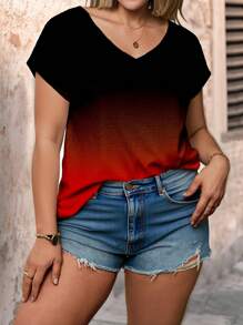 SHEIN LUNE 大码女式渐变色 V 领短袖休闲 T 恤，夏季
