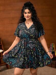 HARRY POTTER X SHEIN Vestido de manga corta con cuello en V y estampado todo sobre en talla grande, verano