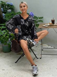 Livesso Blusa de verano holgada con mangas largas, escote en V y lazo delantero, con estampado floral para mujer - Negro - Ver 3