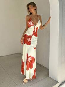 Aloruh Váy Maxi Chữ A hở lưng họa tiết hoa lưới nhún bèo gợi cảm cho kỳ nghỉ lãng mạn dành cho nữ, Xuân/Hè - trái cam - Xem 5