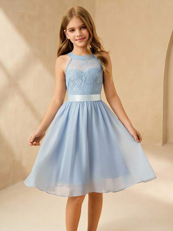 SHEIN Mädchen Spitze Patchwork Chiffon Volant Saum Kurzes Kleid, Trägerkragen, geeignet als Blumenmädchenkleid, für festliche Anlässe, Hochzeiten, Partys, Geburtstagsfeiern