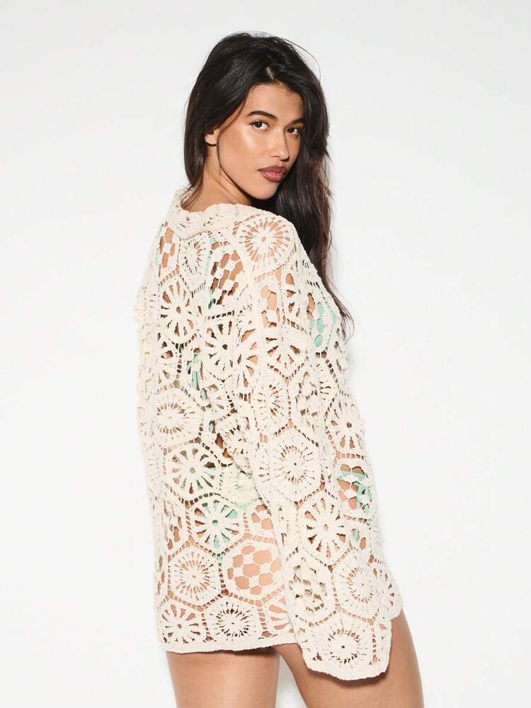 KIZN Boho Crochet Lace Long Sleeve Oversized Knit Top