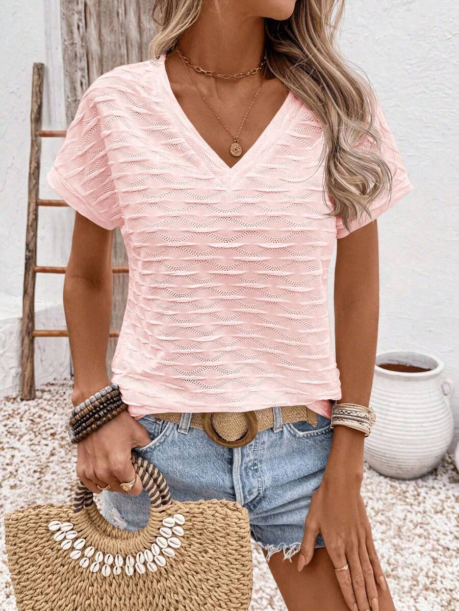 SHEIN LUNE 女士休闲V领短袖纯色T恤，夏季百搭